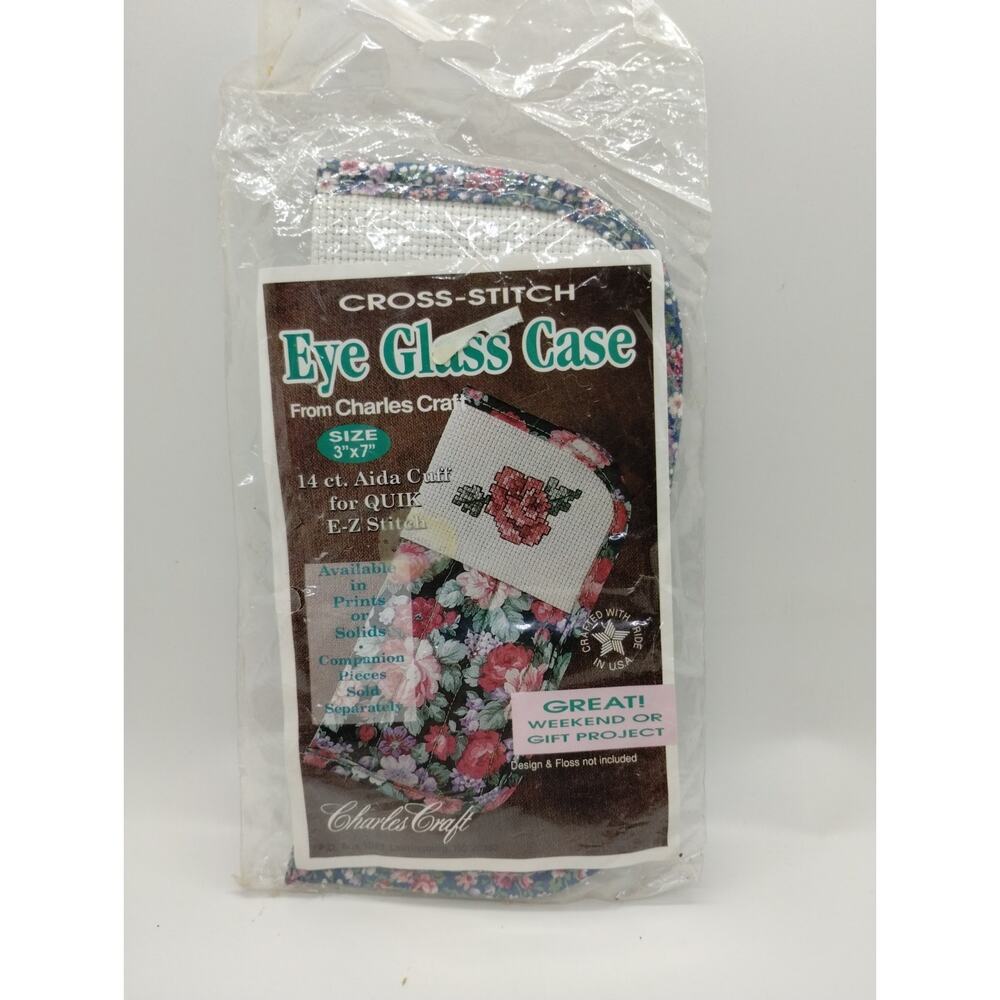 Charles Craft Cross Stitch Eye Glass Case Pink Blue Floral 3" x 7" Sealed